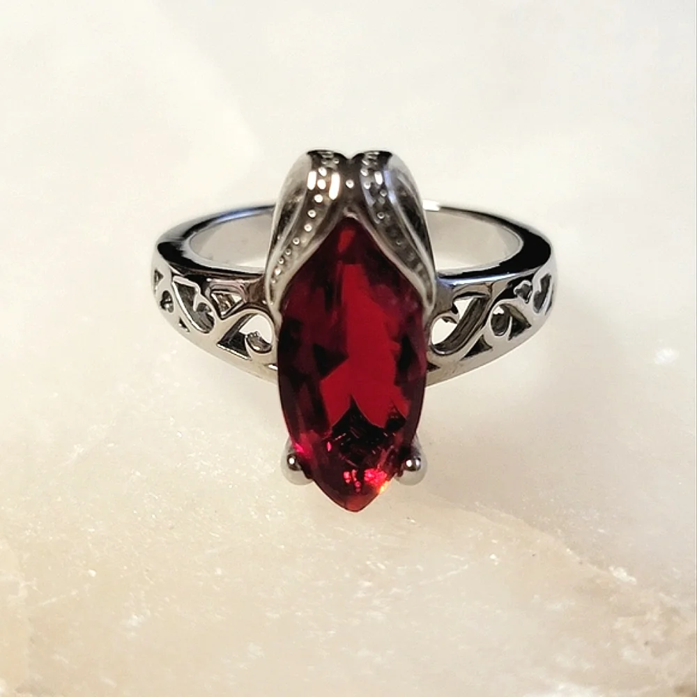Faux Ruby Marquise Cocktail Ring Silver Tone
